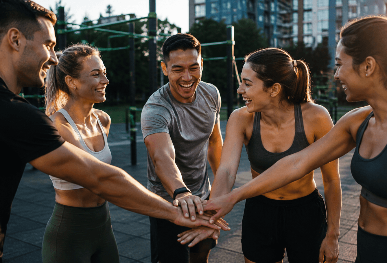 Fitness community celebrating together at an outdoor gym