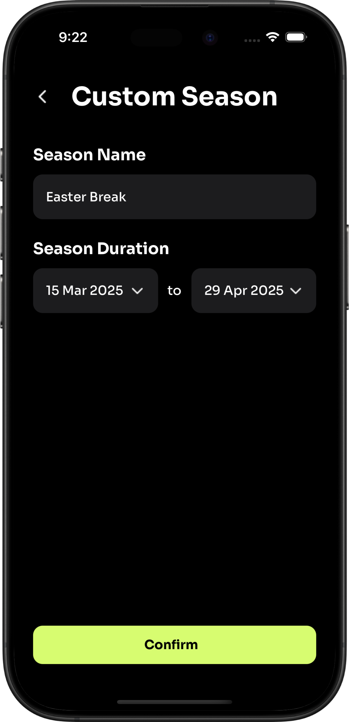 Custom Season Screen